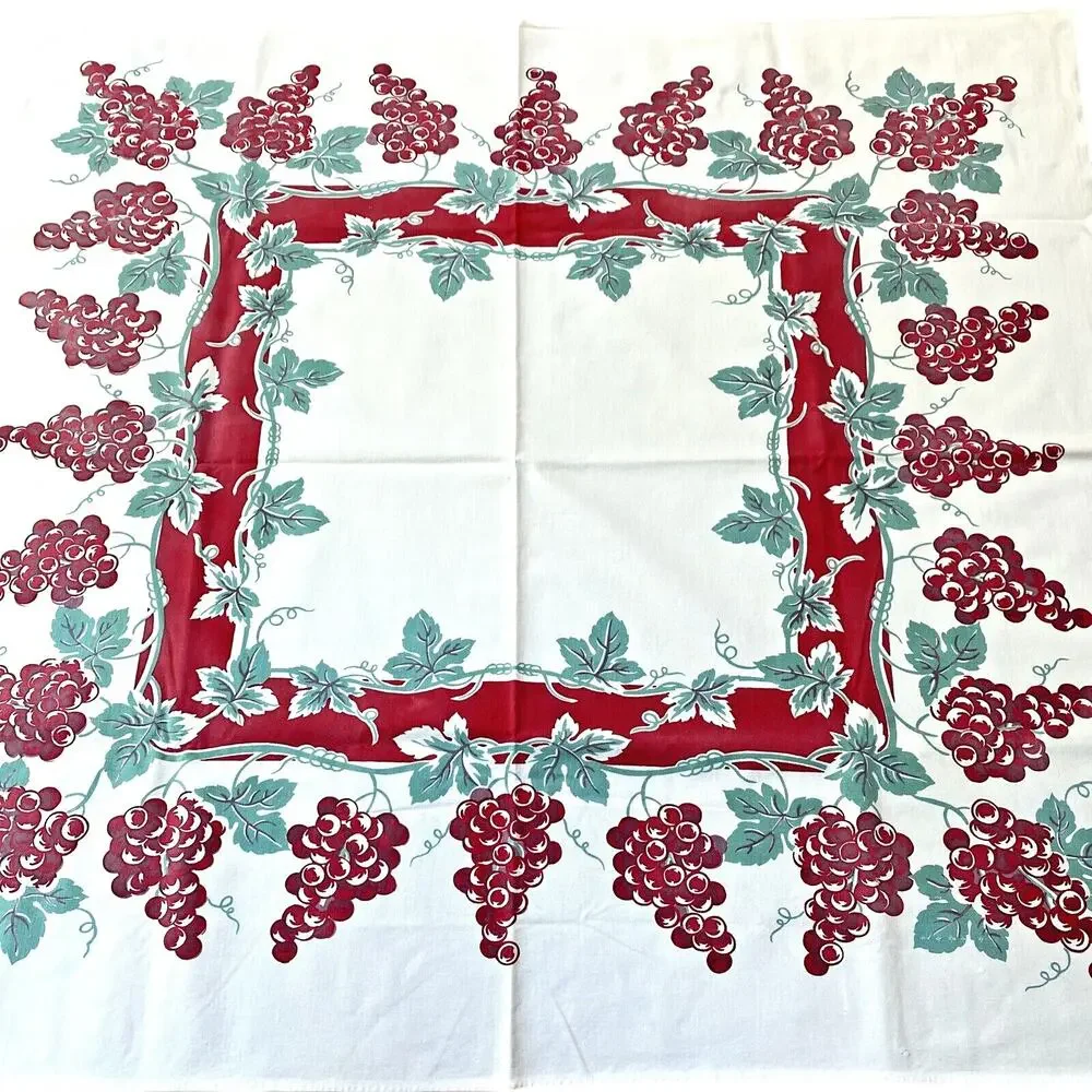 Vintage Mid Century Printed Cotton Tablecloth Red & Mint Green Grapevine Border